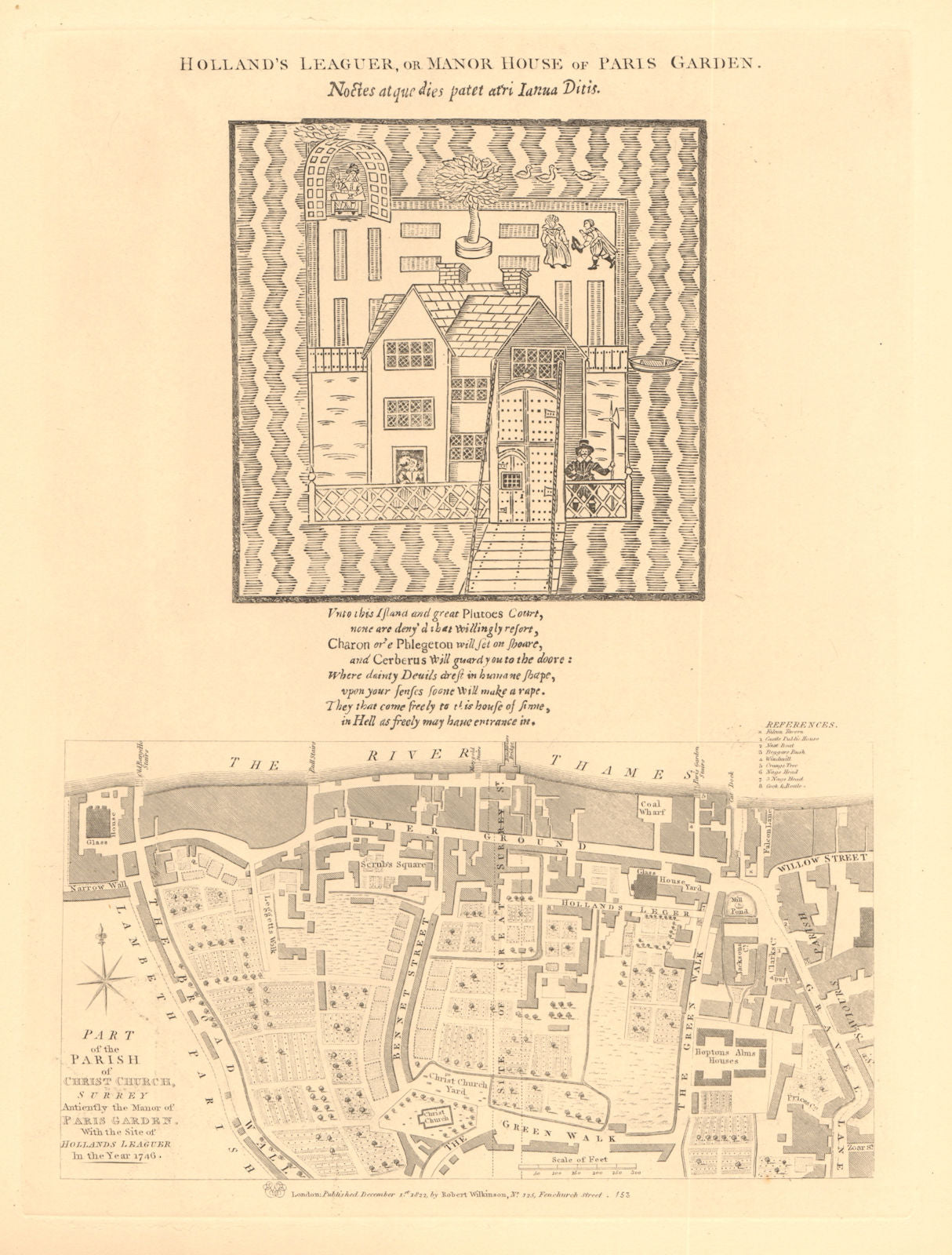 CHRIST CHURCH PARISH, SOUTHWARK in 1746. South Bank/Bankside. London 1834 map